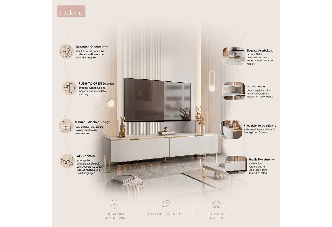 Lookway Lowboard AURORA Kaschmir Hängende TV-Schrank oder auf Beinen 180 cm, 180x32/45/46x40 – Bild 3 von 5