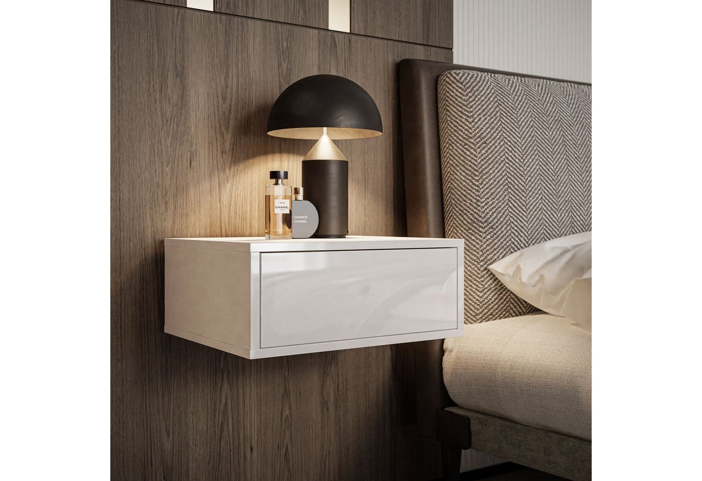 Lookway Nachttisch BLANCO Hängender Nachttisch mit LED Beleuchtung (1x Nachttisch), 45x20x36,6 cm – Bild 3 von 5
