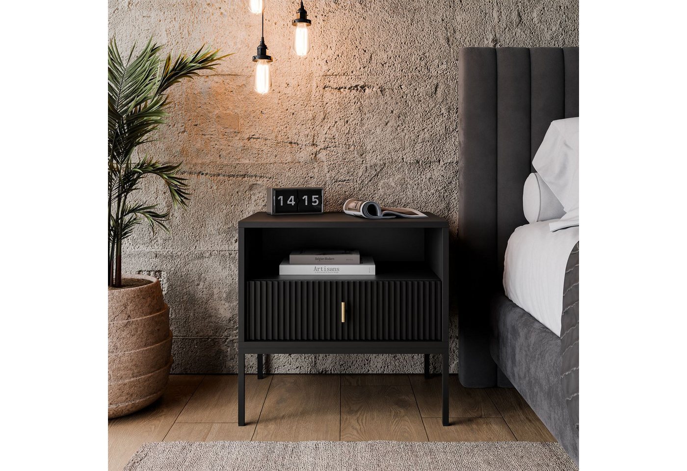 Lookway Nachttisch MIDNIGHT mit geriffelter Front auf Gestell, 54x39x52,5 cm – Bild 2 von 5