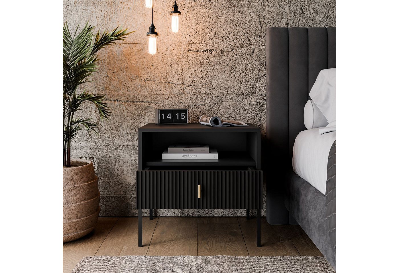Lookway Nachttisch MIDNIGHT mit geriffelter Front auf Gestell, 54x39x52,5 cm – Bild 3 von 5