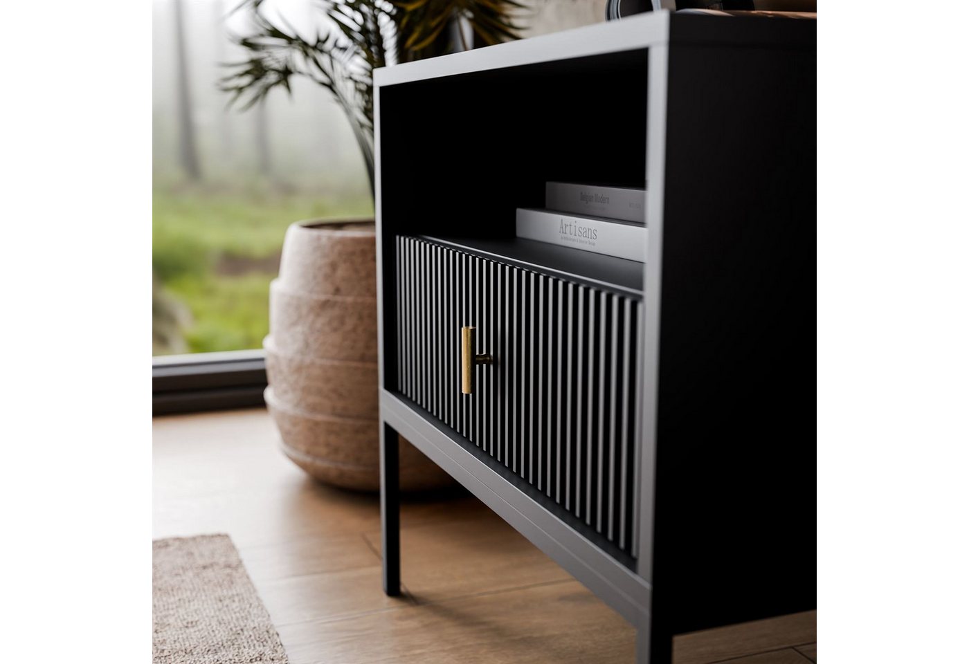 Lookway Nachttisch MIDNIGHT mit geriffelter Front auf Gestell, 54x39x52,5 cm – Bild 4 von 5