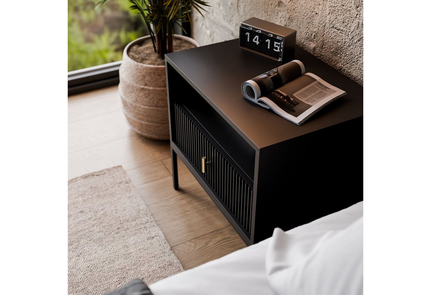 Lookway Nachttisch MIDNIGHT mit geriffelter Front auf Gestell, 54x39x52,5 cm – Bild 5 von 5