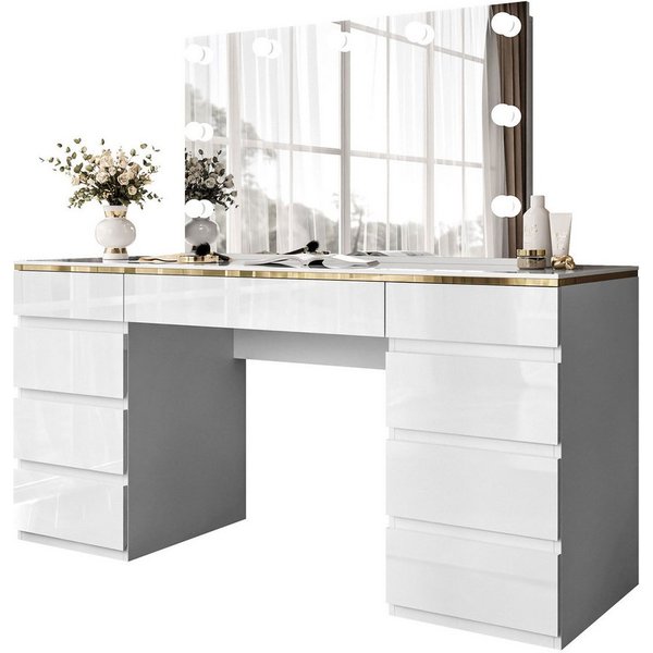Lookway Schminktisch AURORA DOUBLE GOLD Weiß Hochglanz (1xSchminktisch, 1xSpiegel mit LED), Breite: 156,8 cm Höhe: 79,2 cm Tiefe: 55 cm