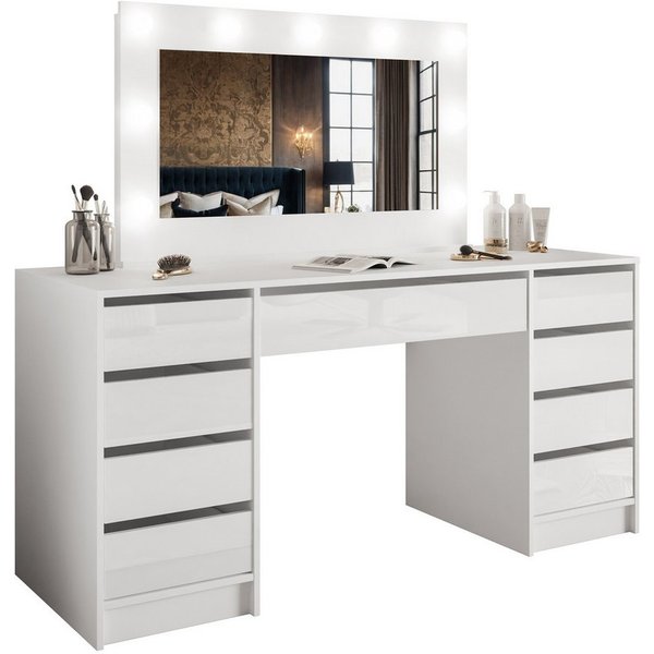 Lookway Schminktisch MADA DOUBLE mit 9 Schubladen und Spiegel mit LED (Schreibtisch mit Spiegel und LED-Beleuchtung), Breite: 152 cm Höhe: 75 cm Tiefe: 53,6 cm