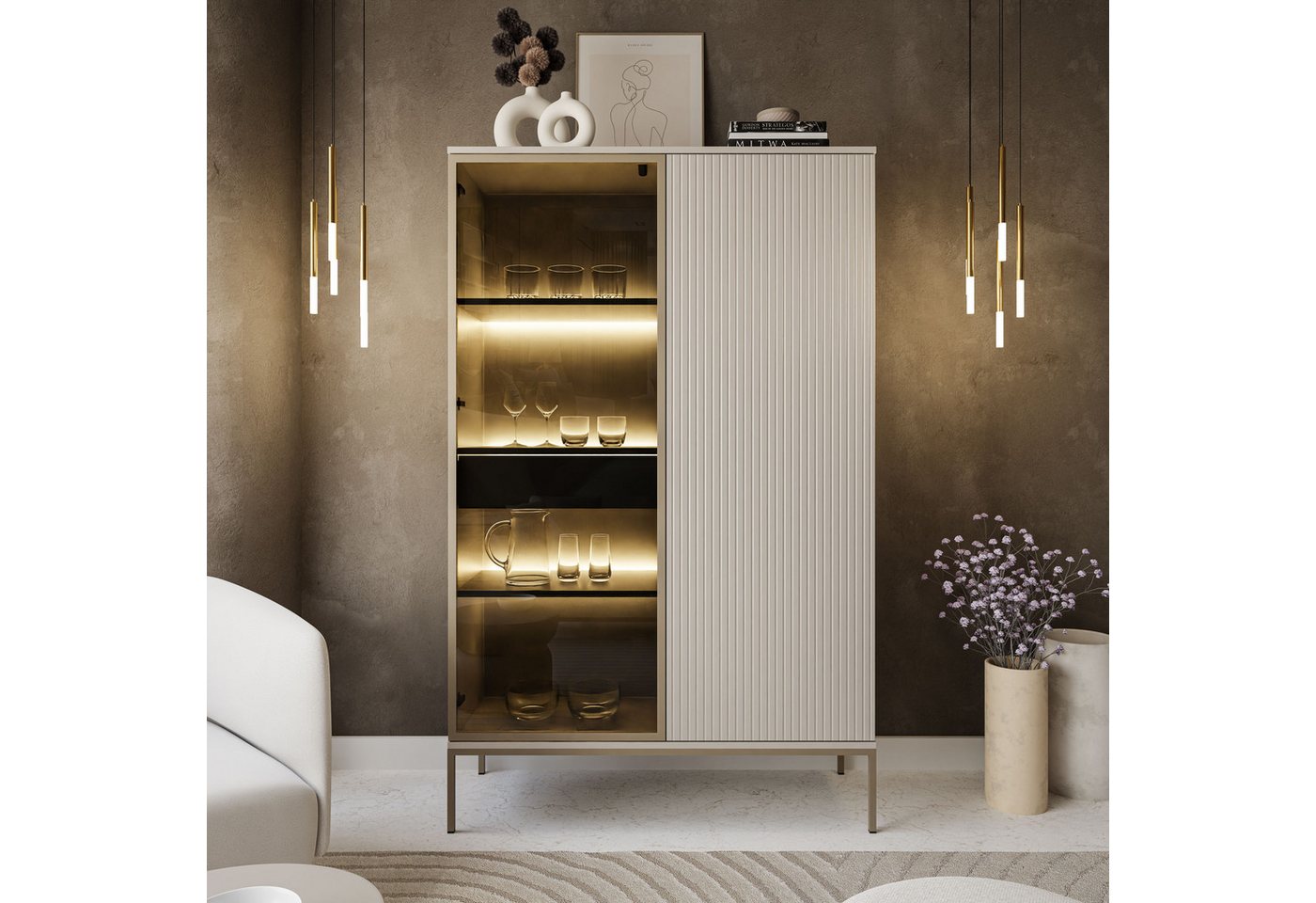 Lookway Vitrine ECLIPSE WTSZ104 in Kaschmir mit LED Beleuchtung Breite: 104 cm, Höhe: 166 cm, Tiefe: 39 cm – Bild 2 von 5