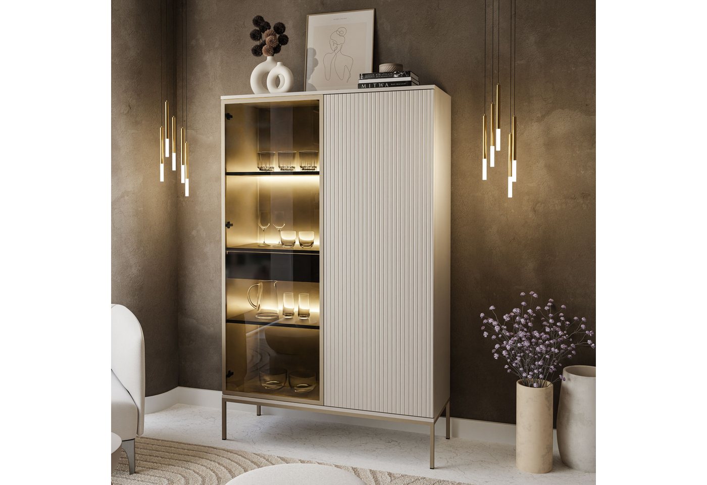 Lookway Vitrine ECLIPSE WTSZ104 in Kaschmir mit LED Beleuchtung Breite: 104 cm, Höhe: 166 cm, Tiefe: 39 cm – Bild 4 von 5