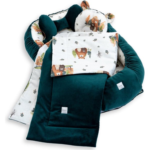 Loolay Kuschelnest BABYNEST 5 TLG. Set PREMIUM Babyausstattung Baumwolle & Samt Velours, (MUSTER: GRÜN Samt Velour/ Beige Bärchen Familie, 5-tlg., Liebevoll han