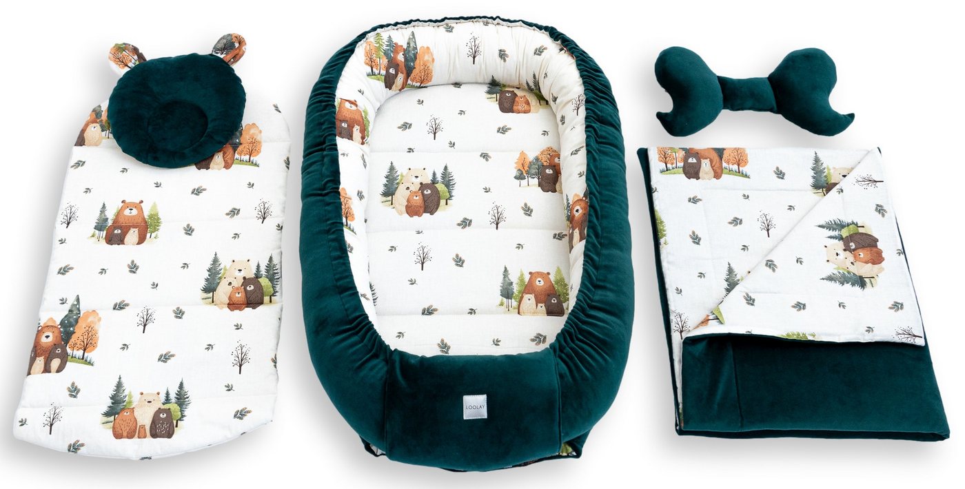 Loolay Kuschelnest BABYNEST 5 TLG. Set PREMIUM Babyausstattung Baumwolle & Samt Velours, (MUSTER: GRÜN Samt Velour/ Beige Bärchen Familie, 5-tlg., Liebevoll han – Bild 2 von 5