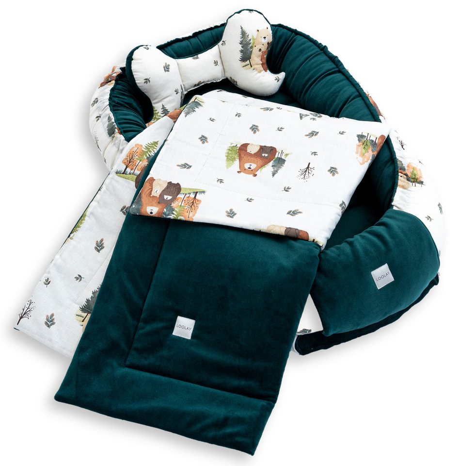 Loolay Kuschelnest BABYNEST 5 TLG. Set PREMIUM Babyausstattung Baumwolle & Samt Velours, (MUSTER: GRÜN Samt Velour/ Beige Bärchen Familie, 5-tlg., Liebevoll han – Bild 3 von 5
