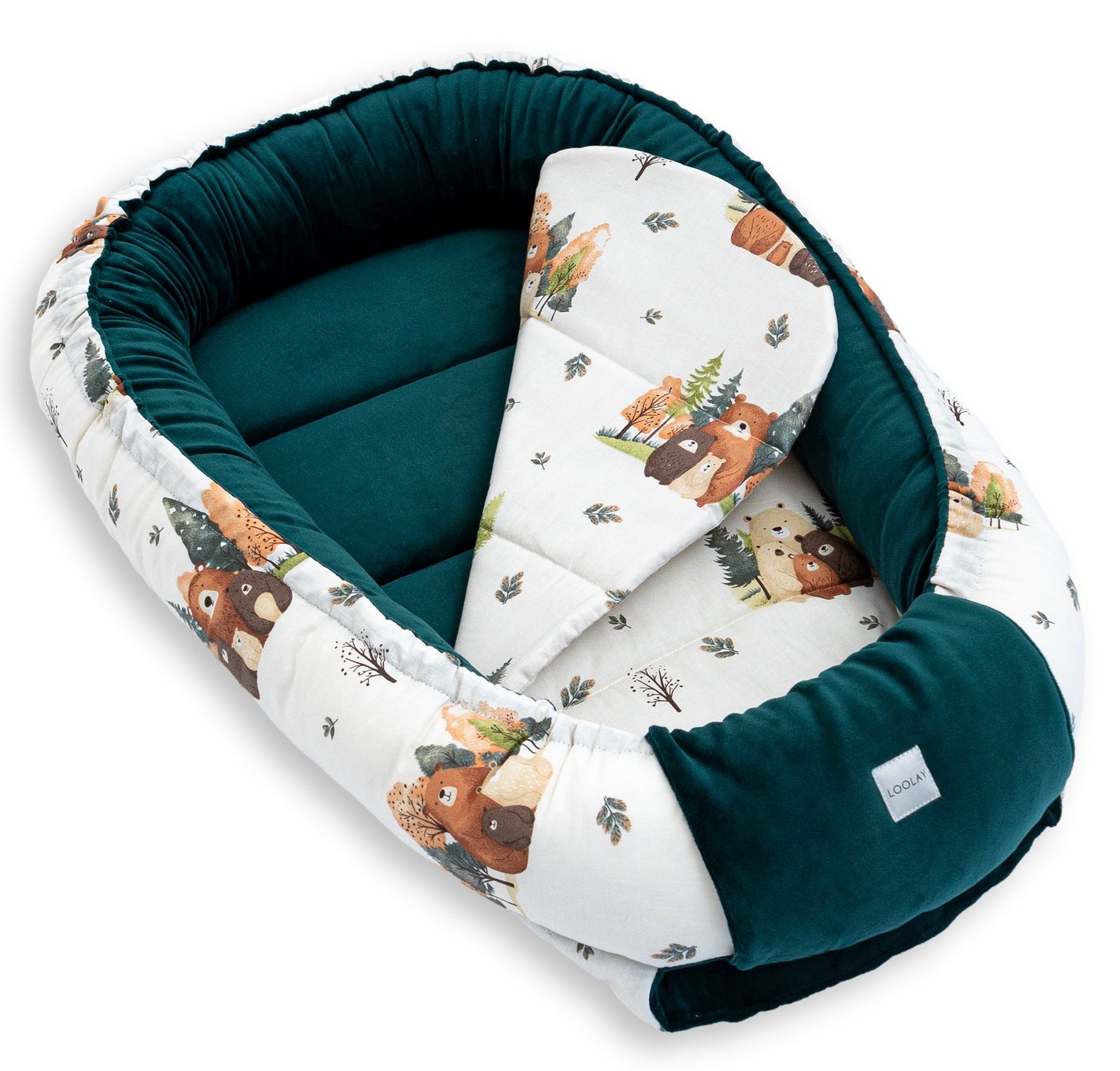 Loolay Kuschelnest BABYNEST 5 TLG. Set PREMIUM Babyausstattung Baumwolle & Samt Velours, (MUSTER: GRÜN Samt Velour/ Beige Bärchen Familie, 5-tlg., Liebevoll han – Bild 4 von 5
