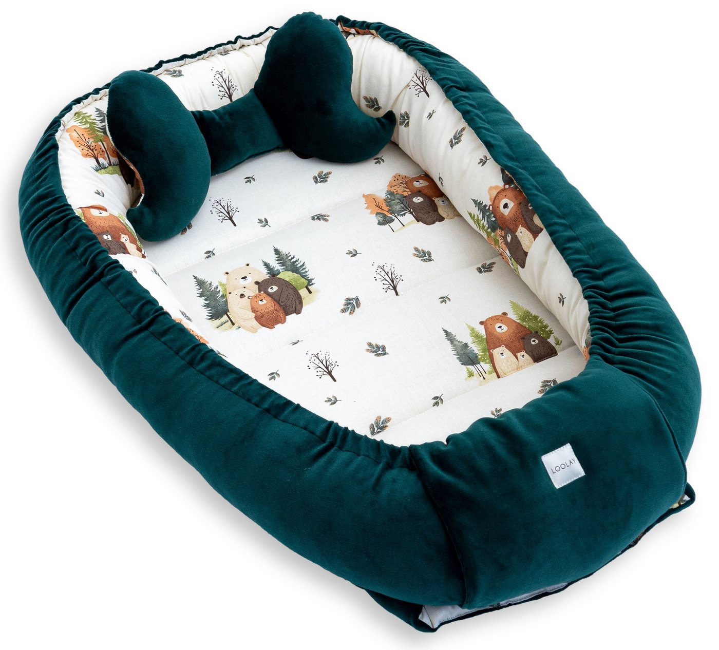 Loolay Kuschelnest BABYNEST 5 TLG. Set PREMIUM Babyausstattung Baumwolle & Samt Velours, (MUSTER: GRÜN Samt Velour/ Beige Bärchen Familie, 5-tlg., Liebevoll han – Bild 5 von 5