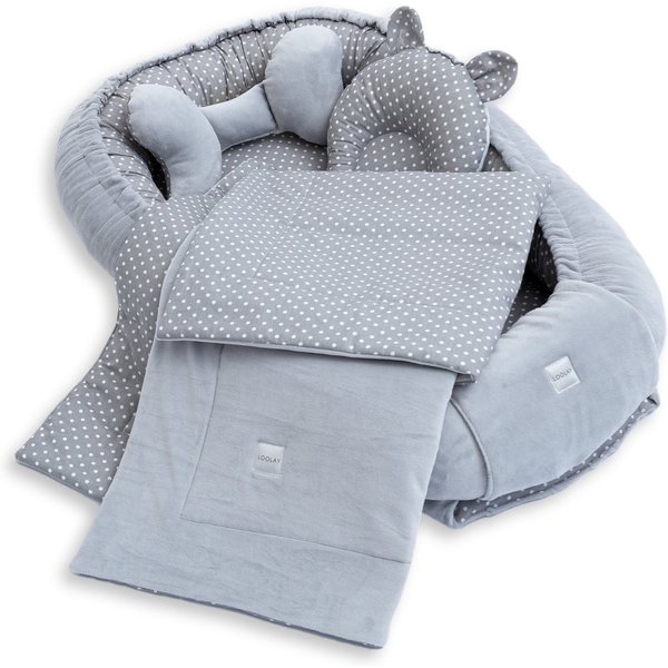 Loolay Kuschelnest BABYNEST 5 TLG. Set PREMIUM Babyausstattung Baumwolle & Samt Velours, (MUSTER: GRAU Samt Velour/ Mini PUNKTE Grau, 5-tlg., Liebevoll handgefe
