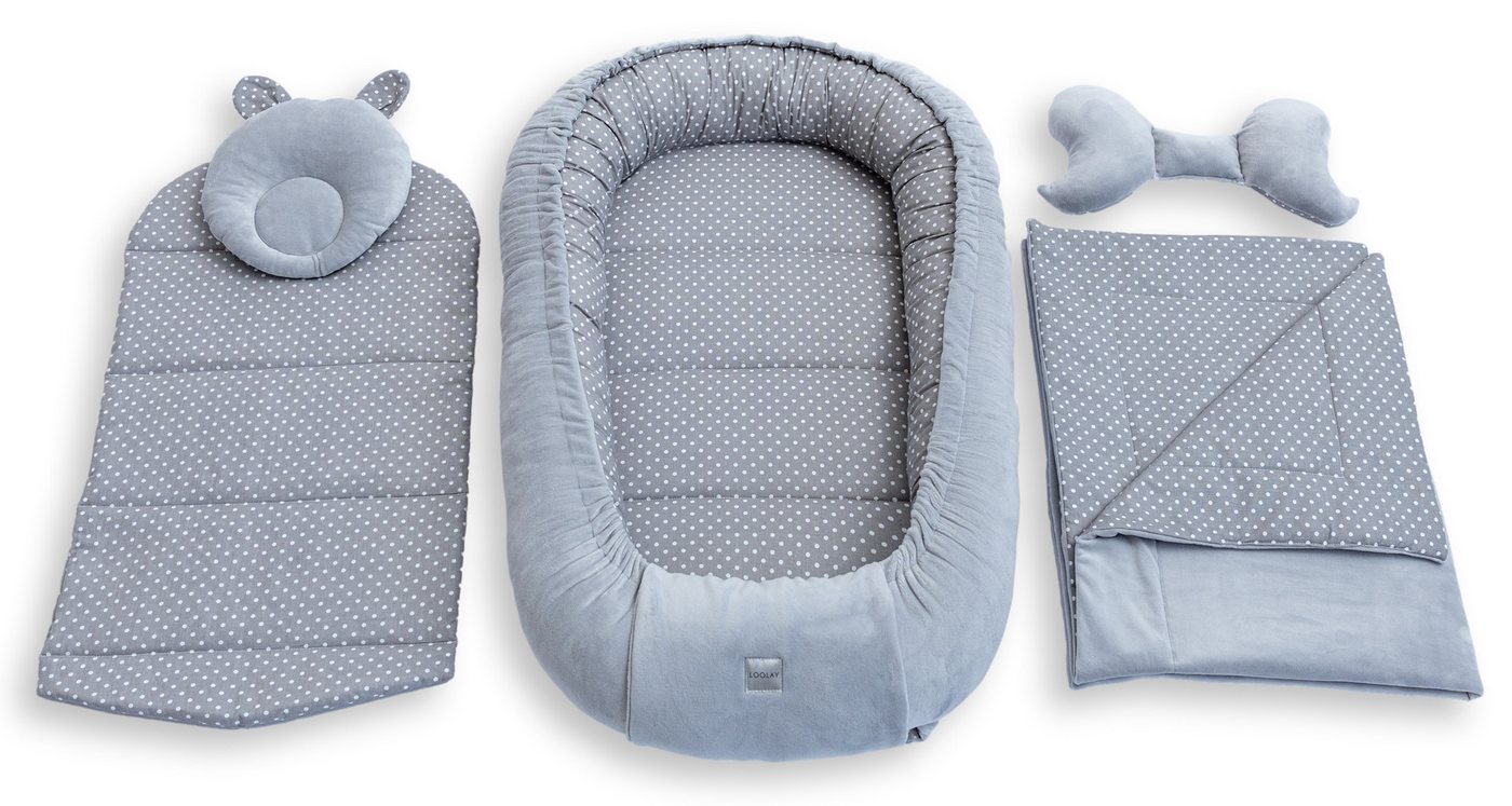 Loolay Kuschelnest BABYNEST 5 TLG. Set PREMIUM Babyausstattung Baumwolle & Samt Velours, (MUSTER: GRAU Samt Velour/ Mini PUNKTE Grau, 5-tlg., Liebevoll handgefe – Bild 2 von 5