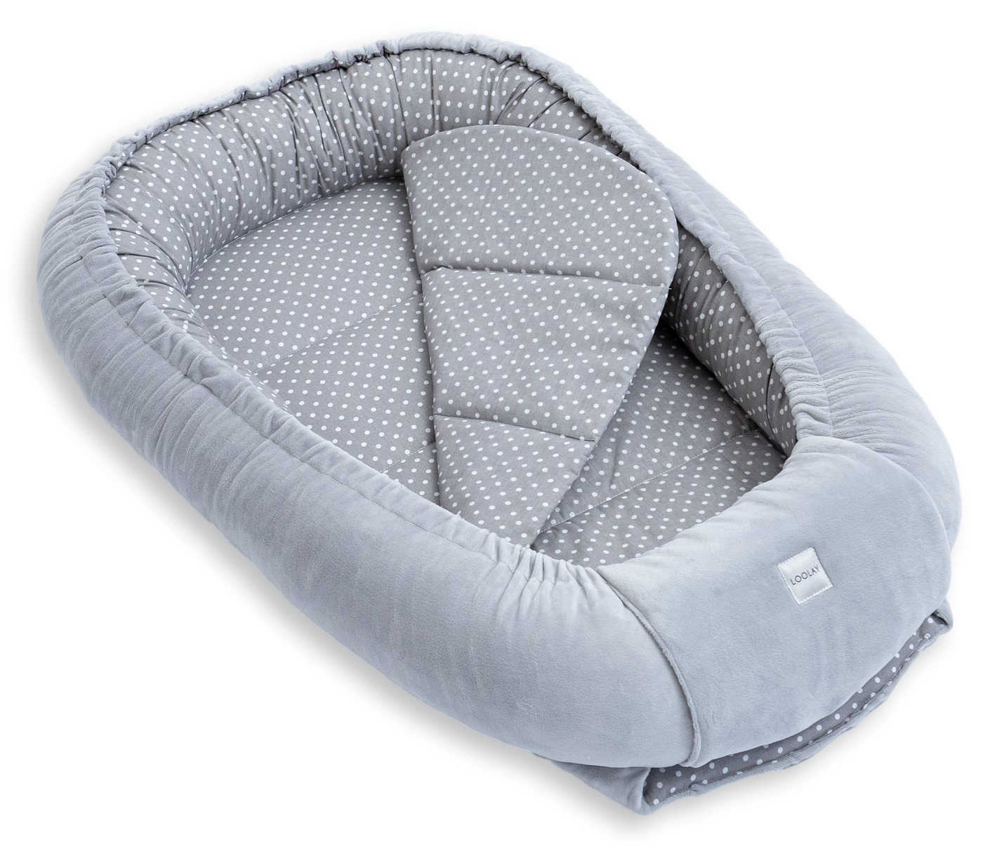 Loolay Kuschelnest BABYNEST 5 TLG. Set PREMIUM Babyausstattung Baumwolle & Samt Velours, (MUSTER: GRAU Samt Velour/ Mini PUNKTE Grau, 5-tlg., Liebevoll handgefe – Bild 4 von 5