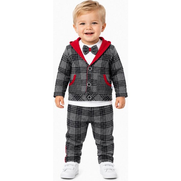 Lorey Medtec Neugeborenen-Geschenkset Babyanzug, Jungen Outfit, Jacke Hose Langarmshirt Fliege Kariert (Langarmbody + Hose + Mütze)