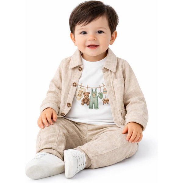 Lorey Medtec Shirt, Hose & Jäckchen Baby Jungen 3er Set, Jacke, Hose, Langarmshirt, 100% Baumwolle, Beige (Jacke + Hose + Langarmshirt)