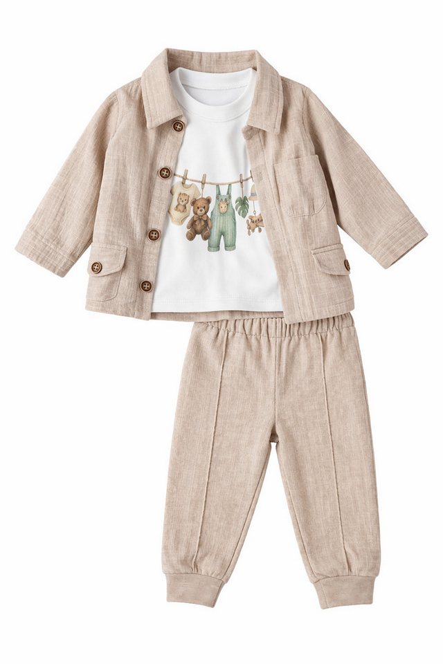 Lorey Medtec Shirt, Hose & Jäckchen Baby Jungen 3er Set, Jacke, Hose, Langarmshirt, 100% Baumwolle, Beige (Jacke + Hose + Langarmshirt) – Bild 2 von 2
