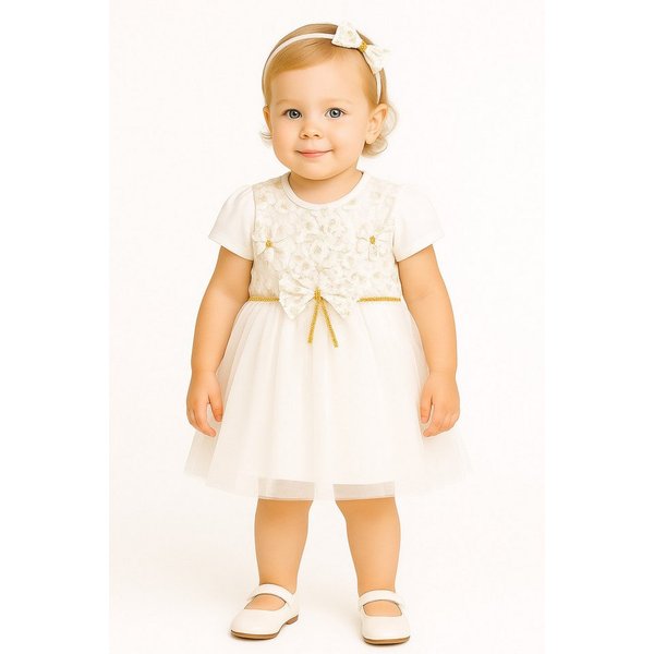 Lorey Medtec Taufkleid Prinzessin Kleid mit Haarreif, Party Kleid, 100% Baumwolle, Weiß (Kleid + Haarreif) Spitze, Tüll