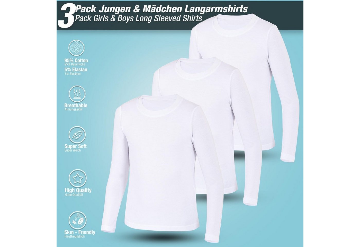 LOREZA Langarmshirt 3er Pack Weiss Jungen Mädchen Langarmshirts Unterhemden Body Shirt (Set, 3-tlg., 3er-Pack) – Bild 2 von 5