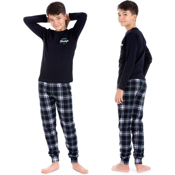 LOREZA Pyjama Jungen Schlafanzug Hausanzug langarm 100% Baumwolle Interlock kariert (Set, 2 tlg)