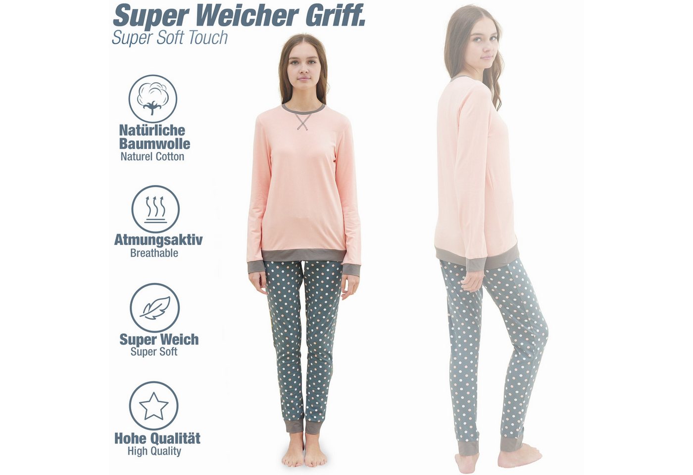 LOREZA Pyjama Mädchen Schlafanzug zweiteilig Set Langarm - Basic Punkte (Set, 2 tlg) – Bild 2 von 5