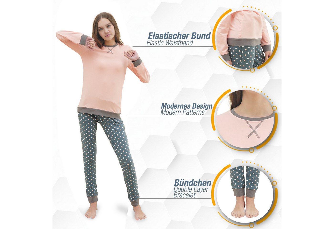 LOREZA Pyjama Mädchen Schlafanzug zweiteilig Set Langarm - Basic Punkte (Set, 2 tlg) – Bild 4 von 5