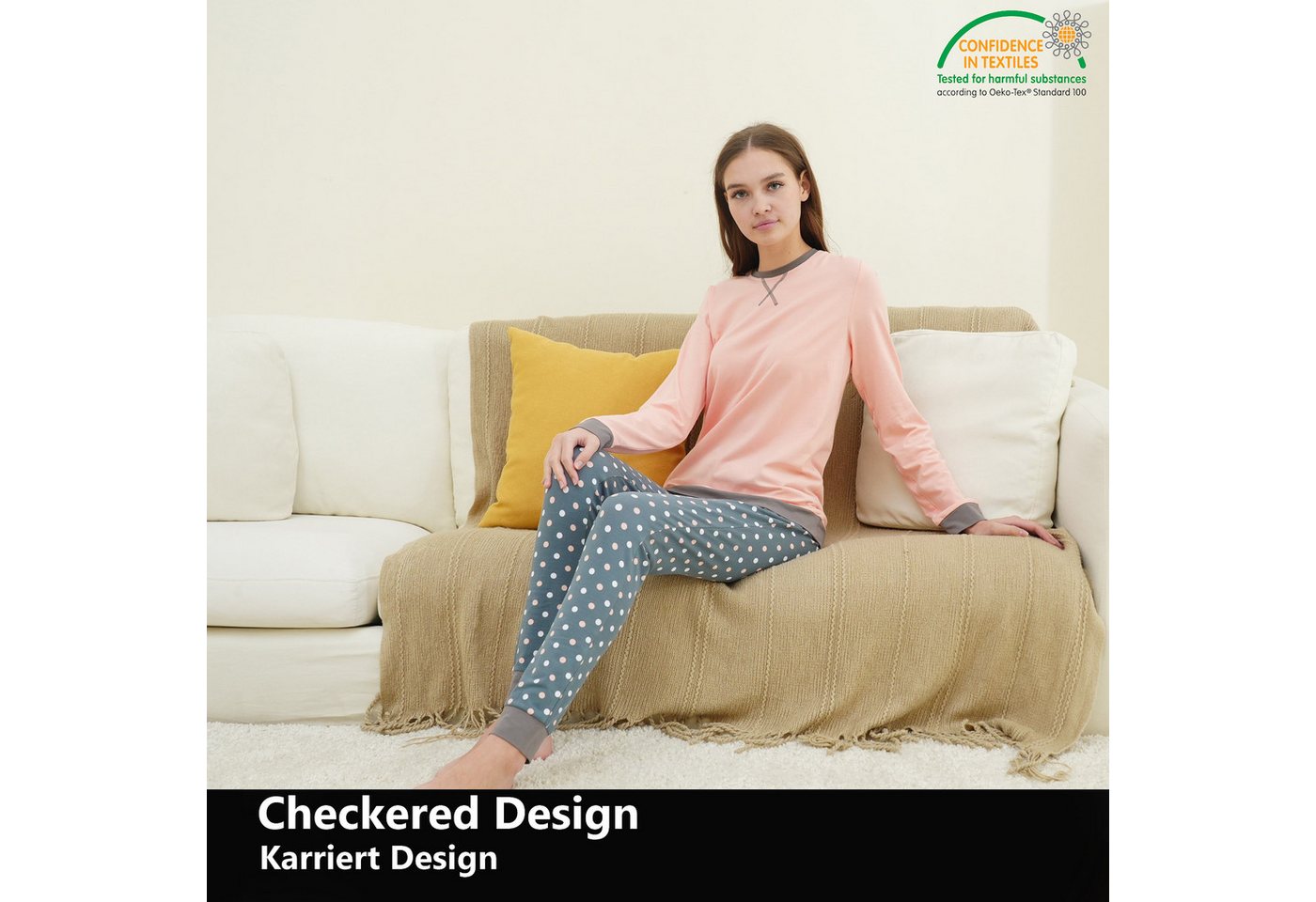 LOREZA Pyjama Mädchen Schlafanzug zweiteilig Set Langarm - Basic Punkte (Set, 2 tlg) – Bild 5 von 5