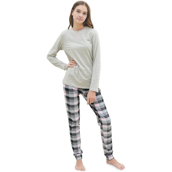 LOREZA Pyjama Mädchen Schlafanzug zweiteilig Set Langarm - Basic Kariert (Set, 2 tlg)