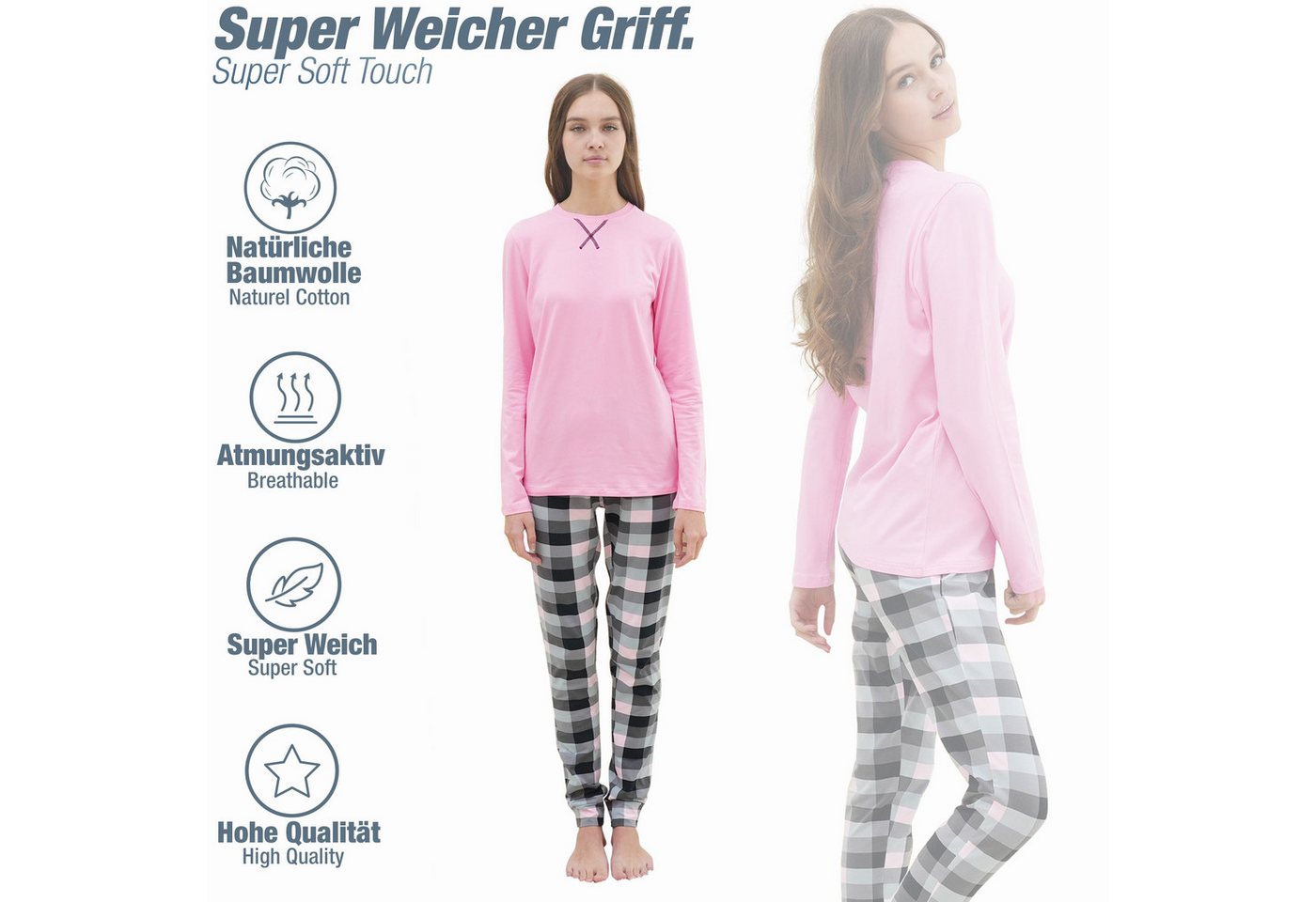 LOREZA Pyjama Mädchen Schlafanzug zweiteilig Set Langarm - Basic Kariert (Set, 2 tlg) – Bild 2 von 5