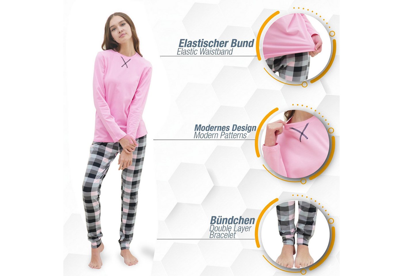 LOREZA Pyjama Mädchen Schlafanzug zweiteilig Set Langarm - Basic Kariert (Set, 2 tlg) – Bild 4 von 5