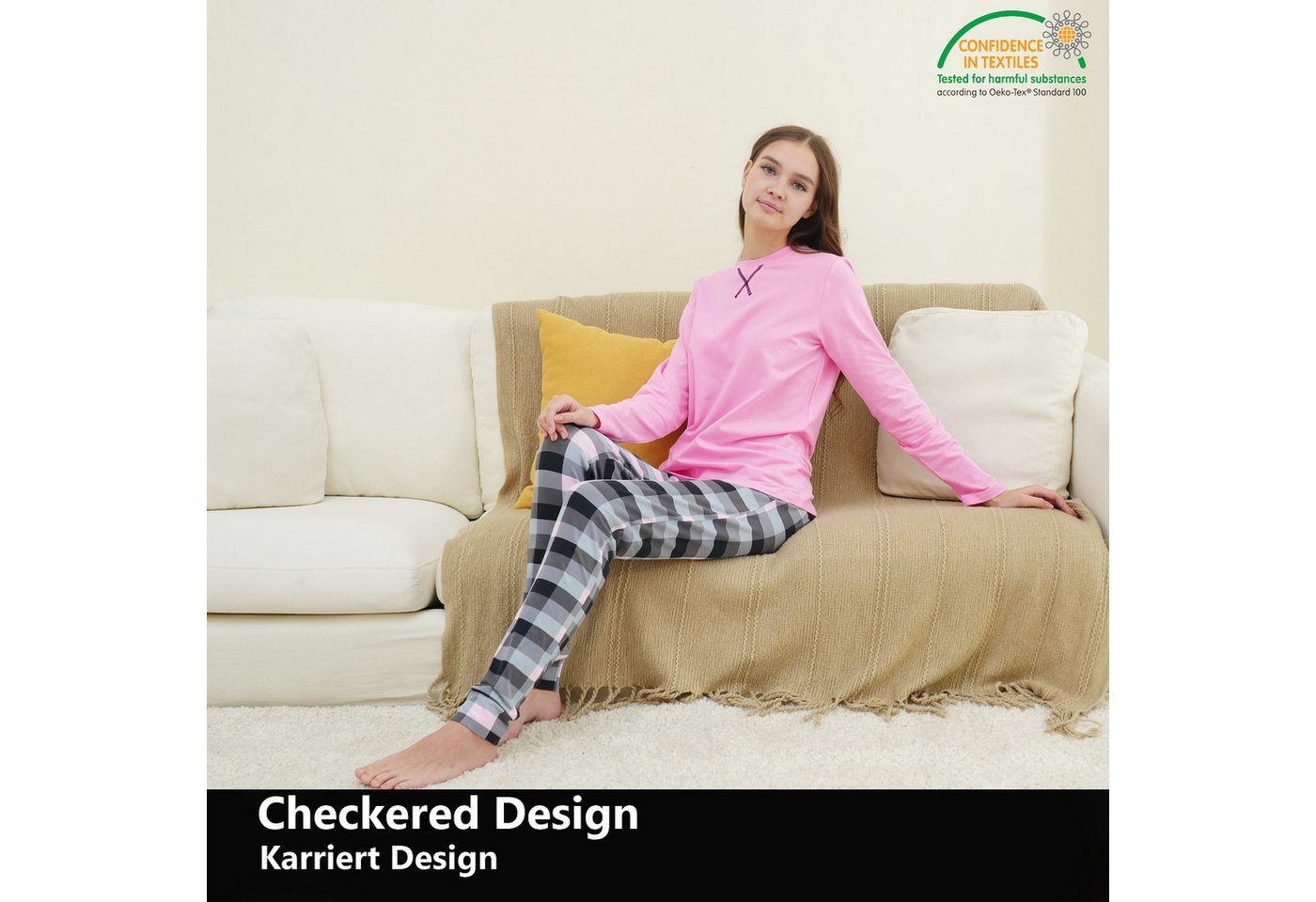 LOREZA Pyjama Mädchen Schlafanzug zweiteilig Set Langarm - Basic Kariert (Set, 2 tlg) – Bild 5 von 5