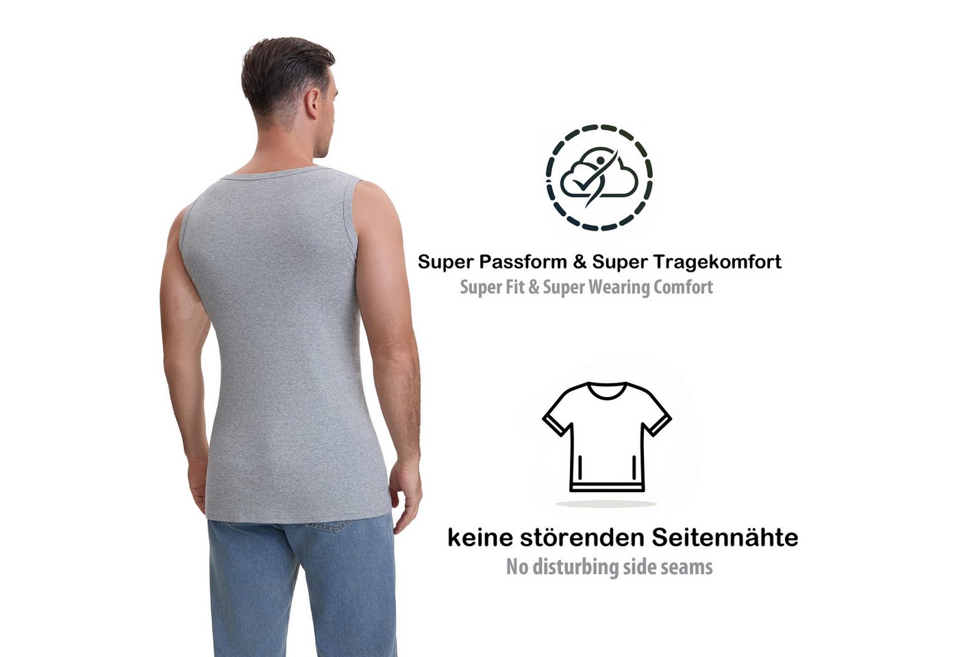 LOREZA Unterhemd 4er Set Unterhemden Feinripp extralong - Basics - Bunt (Spar-Packung, 4-St., 4er Pack) – Bild 5 von 5