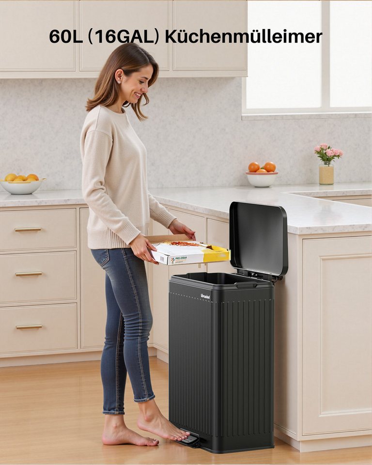 Lovewind Mülleimer Mülltrennsystem 2 Fächer 60 L Küche 2 × 30 L Treteimer Edelstahl, Großraum-Mülleimer mit Metallpedal Leise schließender Deckel Schwarz – Bild 2 von 5