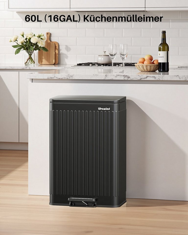 Lovewind Mülleimer Mülltrennsystem 2 Fächer 60 L Küche 2 × 30 L Treteimer Edelstahl, Großraum-Mülleimer mit Metallpedal Leise schließender Deckel Schwarz – Bild 3 von 5