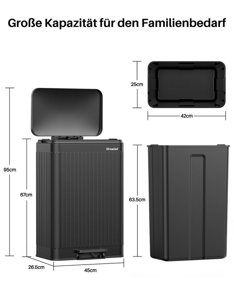 Lovewind Mülleimer Mülltrennsystem 2 Fächer 60 L Küche 2 × 30 L Treteimer Edelstahl, Großraum-Mülleimer mit Metallpedal Leise schließender Deckel Schwarz – Bild 4 von 5