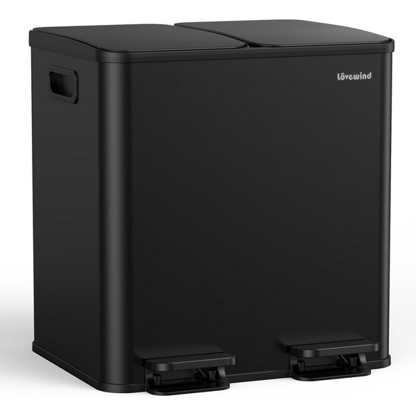Lovewind Mülleimer Mülltrennsystem 2 Fächer 60 L Küche 2 × 30 L Treteimer Edelstahl, Mülltrennung 2 Fächern Soft-Close Deckel Anti-Fingerprint Edelstahl