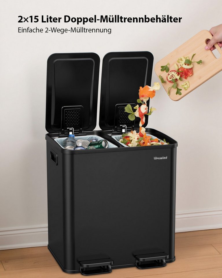 Lovewind Mülleimer Mülltrennsystem 2 Fächer 60 L Küche 2 × 30 L Treteimer Edelstahl, Mülltrennung 2 Fächern Soft-Close Deckel Anti-Fingerprint Edelstahl – Bild 2 von 5