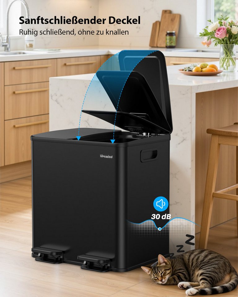 Lovewind Mülleimer Mülltrennsystem 2 Fächer 60 L Küche 2 × 30 L Treteimer Edelstahl, Mülltrennung 2 Fächern Soft-Close Deckel Anti-Fingerprint Edelstahl – Bild 4 von 5