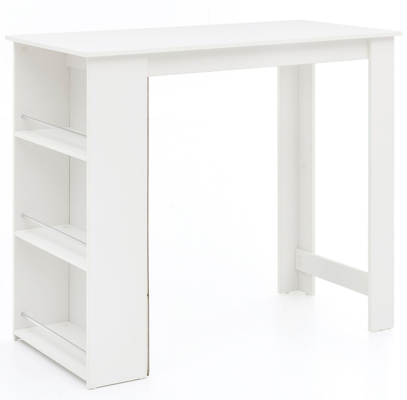 lovingHome® Bartisch Bartisch 3 Fächer Weiß 120 x 107,5 x 60 cm Stehtisch Kächenbartisch (1 Stück), Silberfarbene Streben zieren die Regalfächer – Bild 2 von 5