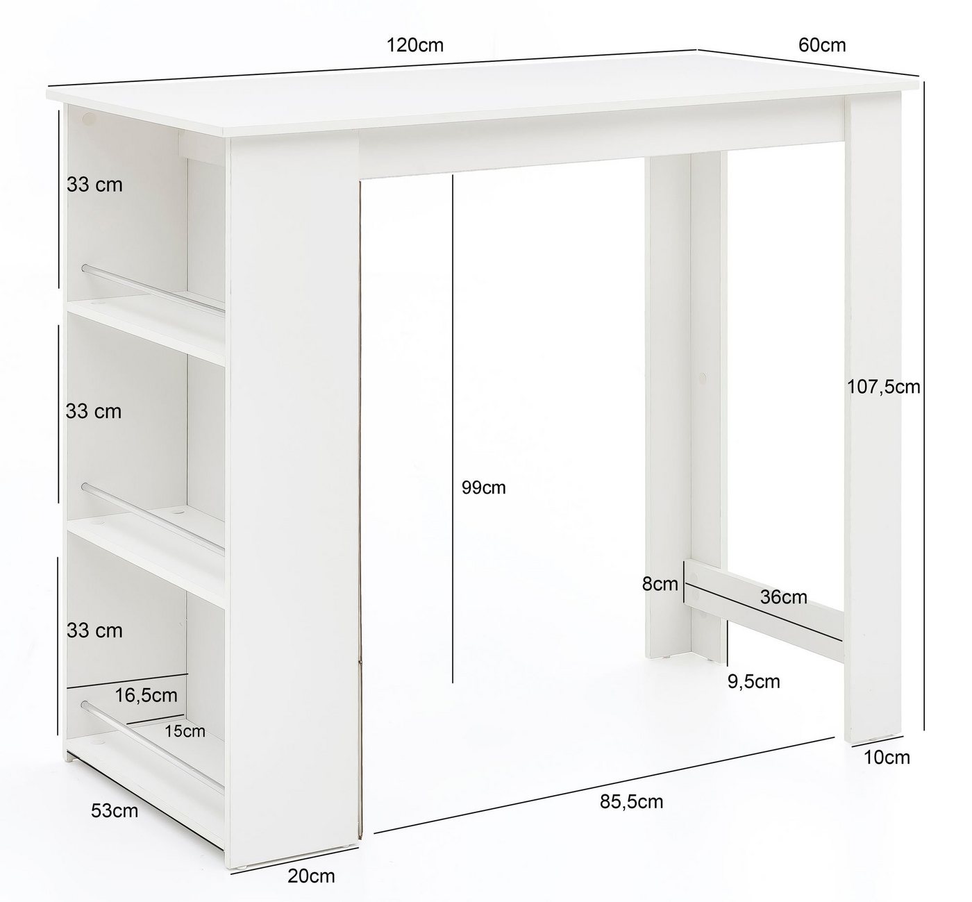 lovingHome® Bartisch Bartisch 3 Fächer Weiß 120 x 107,5 x 60 cm Stehtisch Kächenbartisch (1 Stück), Silberfarbene Streben zieren die Regalfächer – Bild 4 von 5