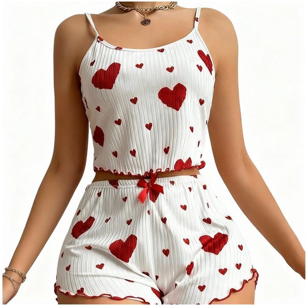 Lovolotti Pyjama Damen Pyjama-Set aus plissiertem Stoff mit Herz-Print Zweiteiliges Homewear Set