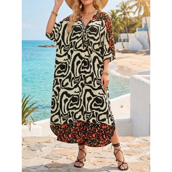 Lovolotti Strandkleid Damen Maxikleid aus Viskose – Luftiger Kaftan mit Ethno-Print V-Ausschnitt und 3/4-Ärmeln für Strand und Urlaub