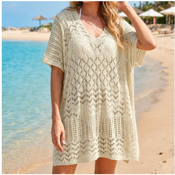 Lovolotti Strandkleid Damen Strandkleid Häkeloptik – Kurzarm Beach Tunika mit V-Ausschnitt Kleider für Strand und Urlaub, Lockerer Schnitt, Creme