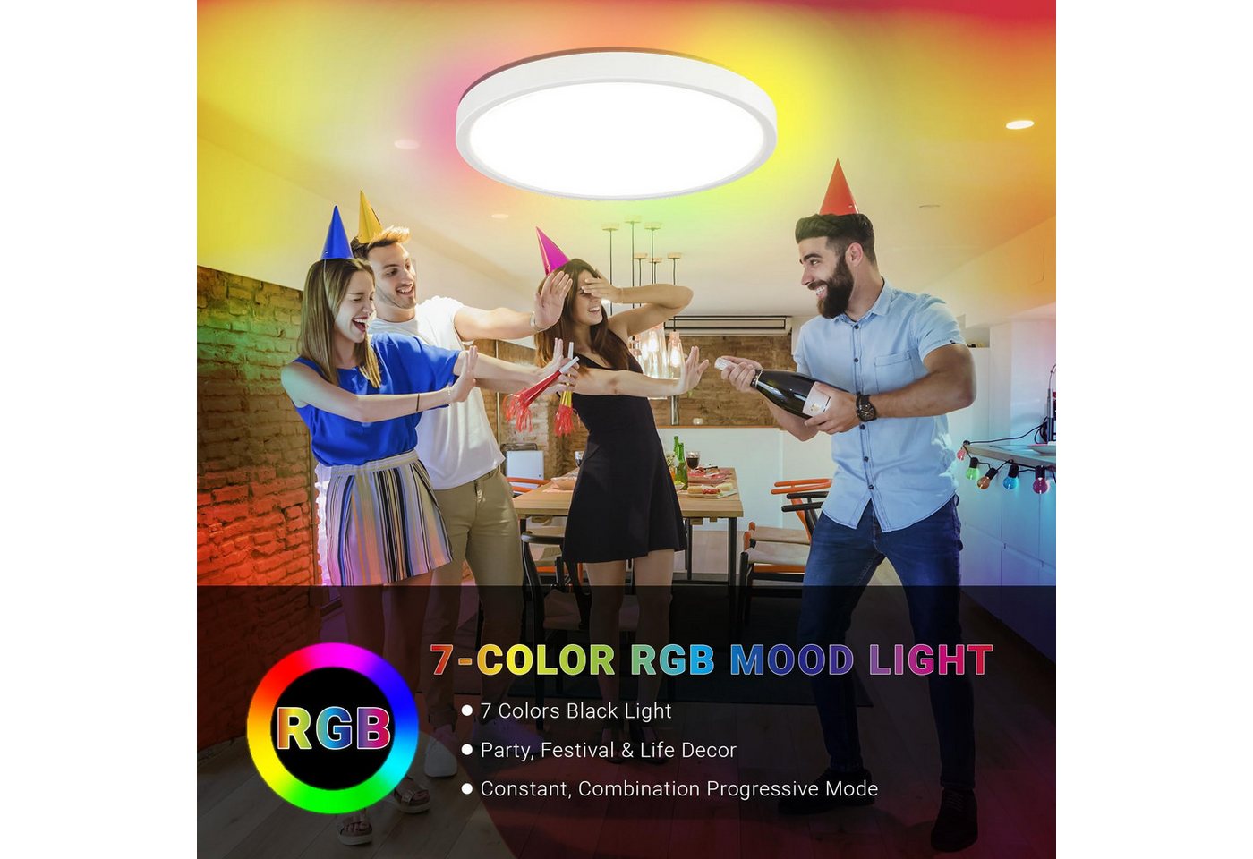 LQWELL Deckenleuchte LED Deckenlampe Dimmbar mit Fernbedienung, Flache Deckenbeleuchtung, RUND, LED fest integriert, 24W 2500LM, 3000-6500K RGB Weiß, für Wohnzi – Bild 2 von 5