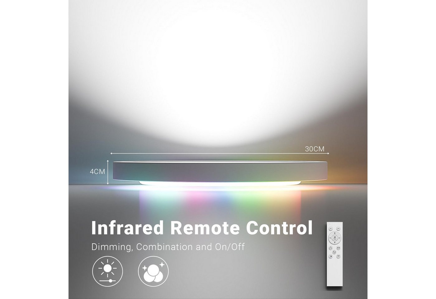 LQWELL Deckenleuchte LED Deckenlampe Dimmbar mit Fernbedienung, Flache Deckenbeleuchtung, RUND, LED fest integriert, 24W 2500LM, 3000-6500K RGB Weiß, für Wohnzi – Bild 4 von 5