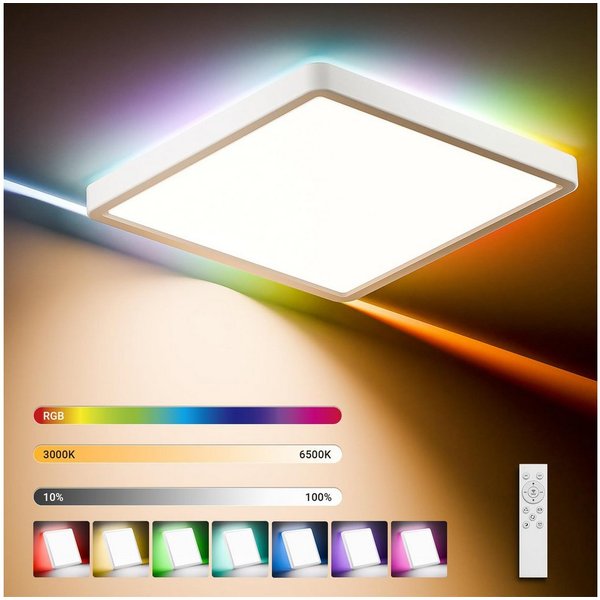 LQWELL Deckenleuchte LED Deckenlampe Dimmbar mit Fernbedienung, Flache Deckenbeleuchtung, QUAD, LED fest integriert, 24W 2500LM, 3000-6500K RGB Weiß, für Wohnzi
