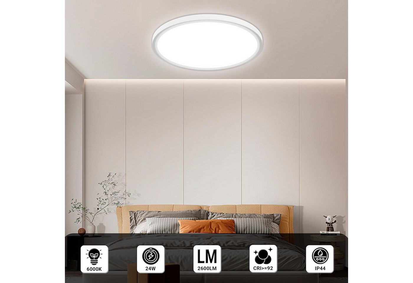 LQWELL LED Deckenleuchte Deckenleuchte, LED Badezimmerlampe Badlampe Flach Rund, LED fest integriert, Badlampe Rund Flach Modern Schlicht Lampe Dünn, 24W, 6000K – Bild 2 von 5