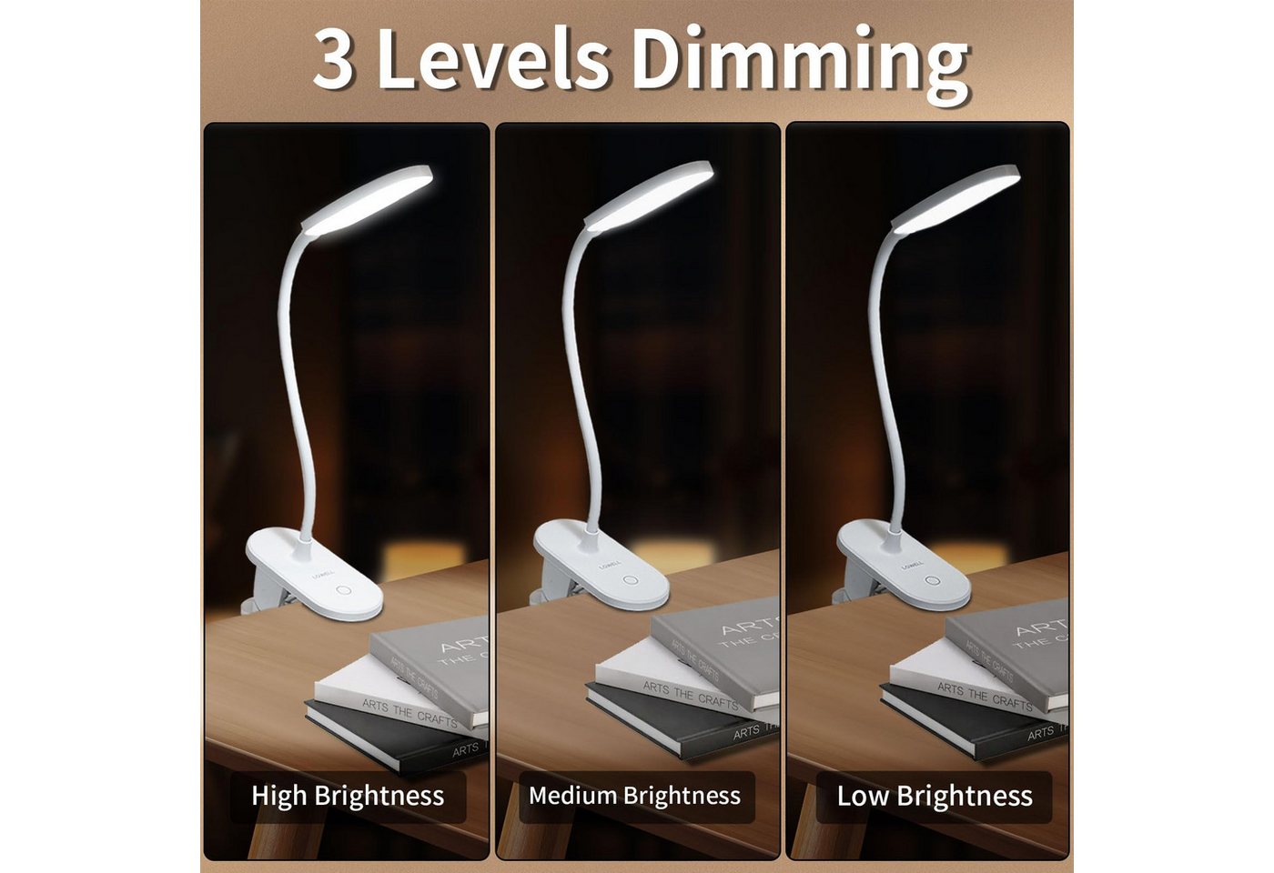 LQWELL LED Leselampe Leselampe Bett, Clip-On,3 Helligkeitsstufen,dimmbar, Leselampe Buch, LED fest integriert, Warmweiß, Naturweiß, Kaltweiß, 360° Flexible Klem – Bild 2 von 5