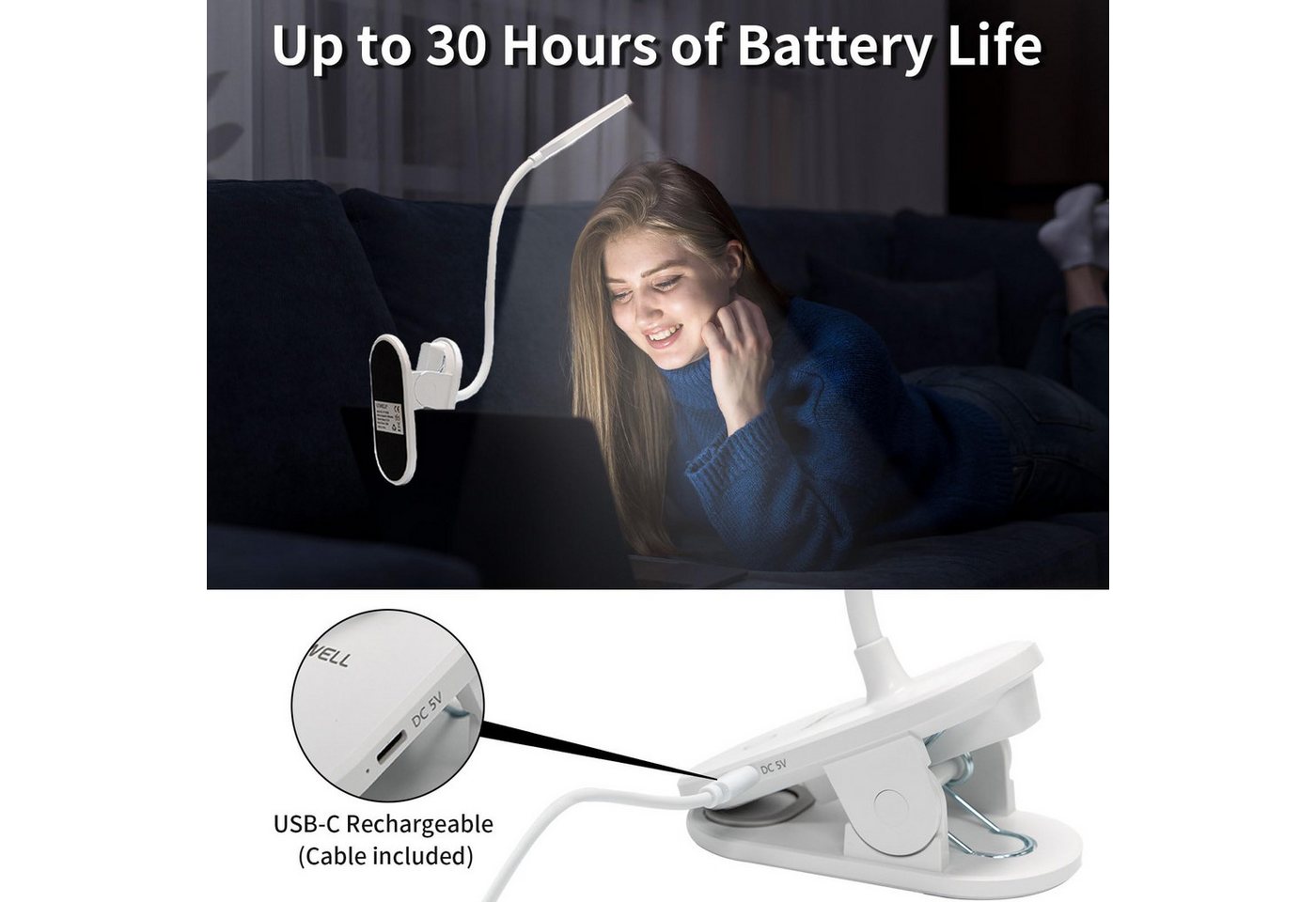 LQWELL LED Leselampe Leselampe Bett, Clip-On,3 Helligkeitsstufen,dimmbar, Leselampe Buch, LED fest integriert, Warmweiß, Naturweiß, Kaltweiß, 360° Flexible Klem – Bild 4 von 5