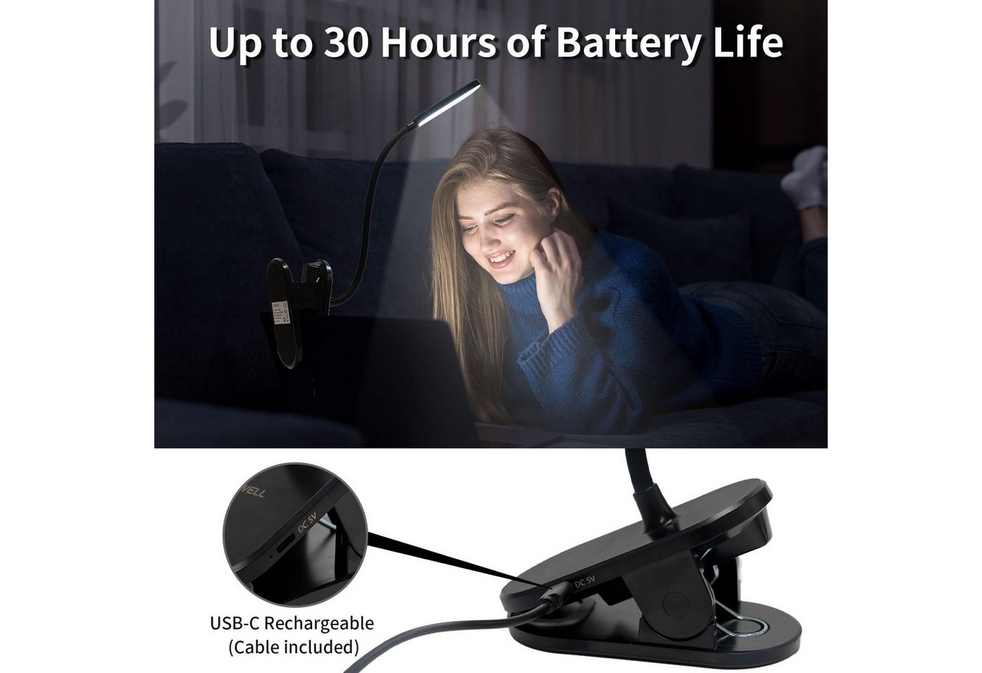 LQWELL LED Leselampe Leselampe Bett, Clip-On,3 Helligkeitsstufen,dimmbar, Leselampe Buch, LED fest integriert, Warmweiß, Naturweiß, Kaltweiß, 360° Flexible Klem – Bild 4 von 5